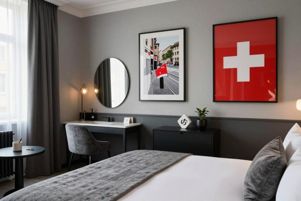 Boutique hotel room with unique design elements and local art