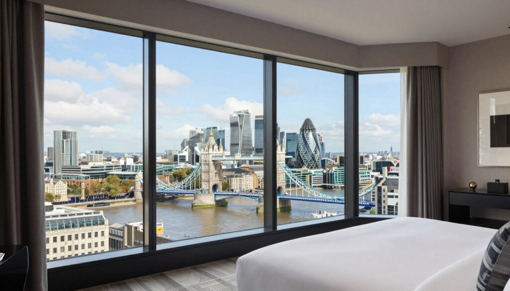 Breathtaking view from a room at Shangri-La The Shard overlooking Tower Bridge and the Thames, one of the best hotels in London England for views