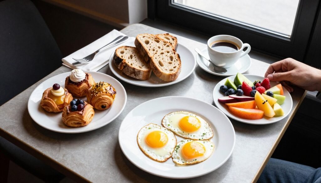 Brunch spread at a popular restaurant in Antwerp featuring pastries, eggs, coffee, and fresh fruit