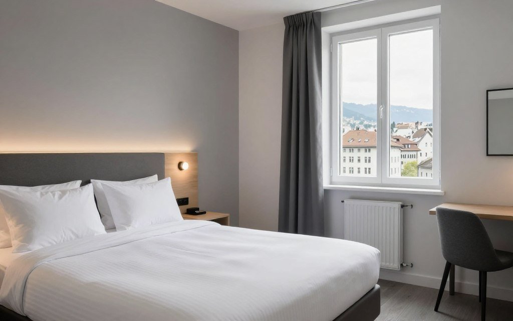 Budget-friendly hotel room in Geneva with modern furnishings and city views