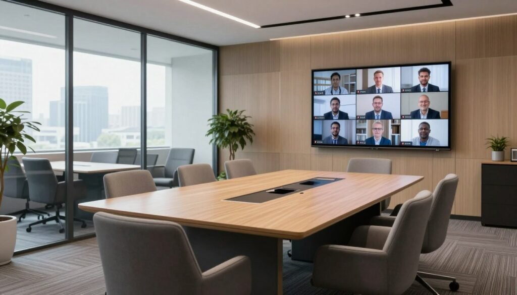 Business conference room setup with modern presentation equipment