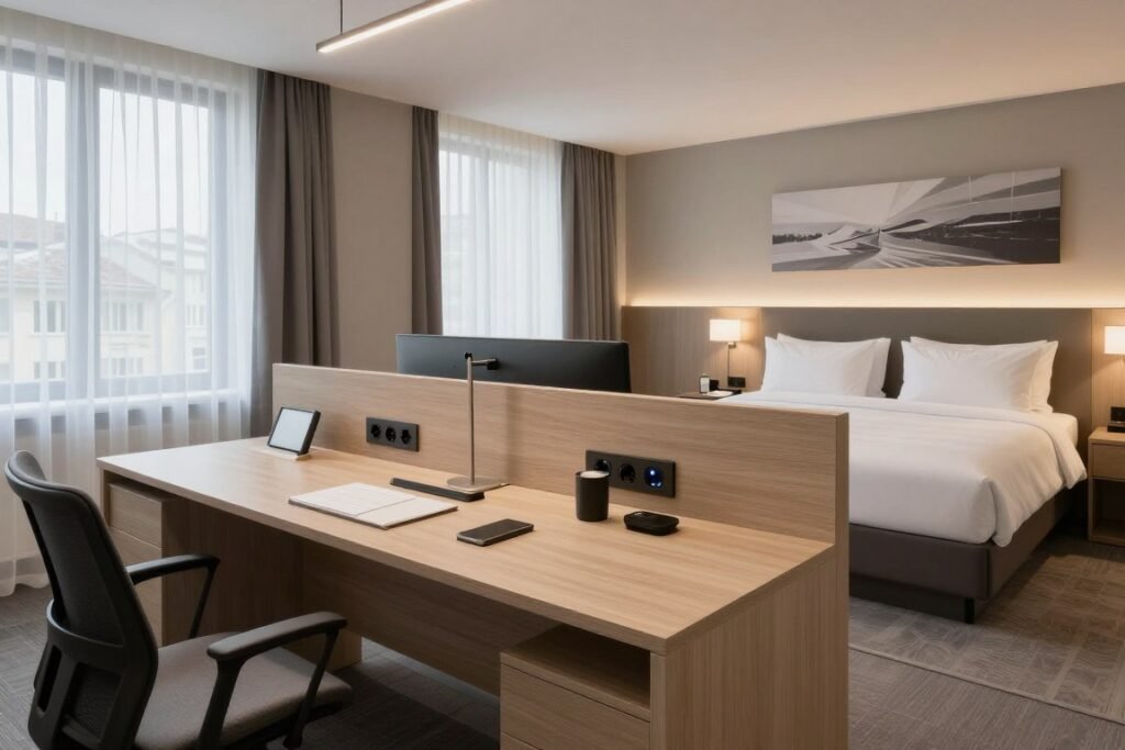 Business hotel room with workspace and modern amenities