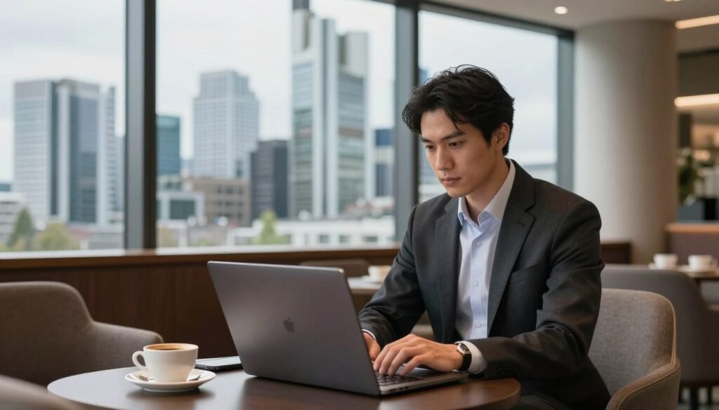 The Best Hotels in Frankfurt 36 Business traveler working in modern Frankfurt hotel executive lounge