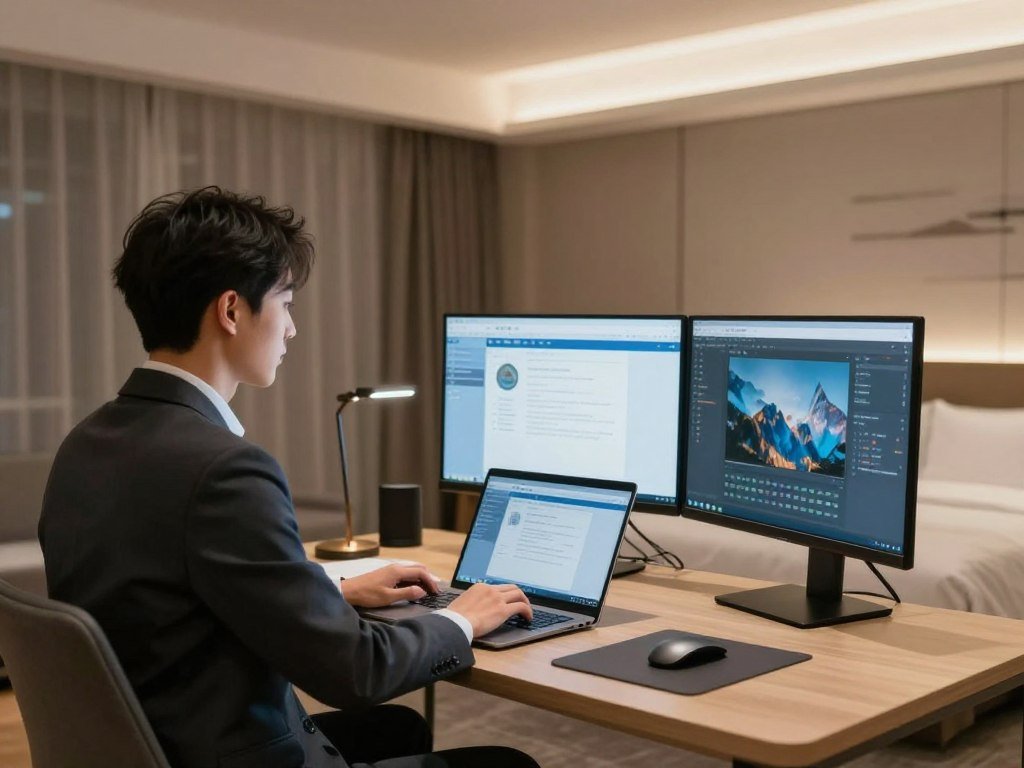 Business traveler working in modern Luxembourg hotel room
