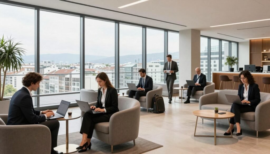 Business travelers working in modern Geneva hotel lobby with city views