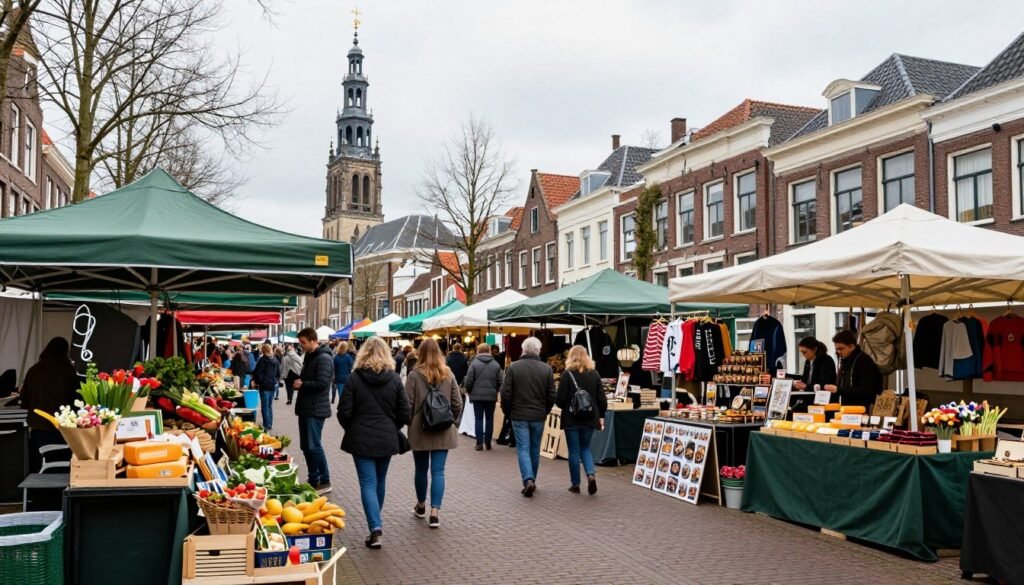 Bustling Saturday market at Grote Markt in Haarlem with various stalls and shoppers