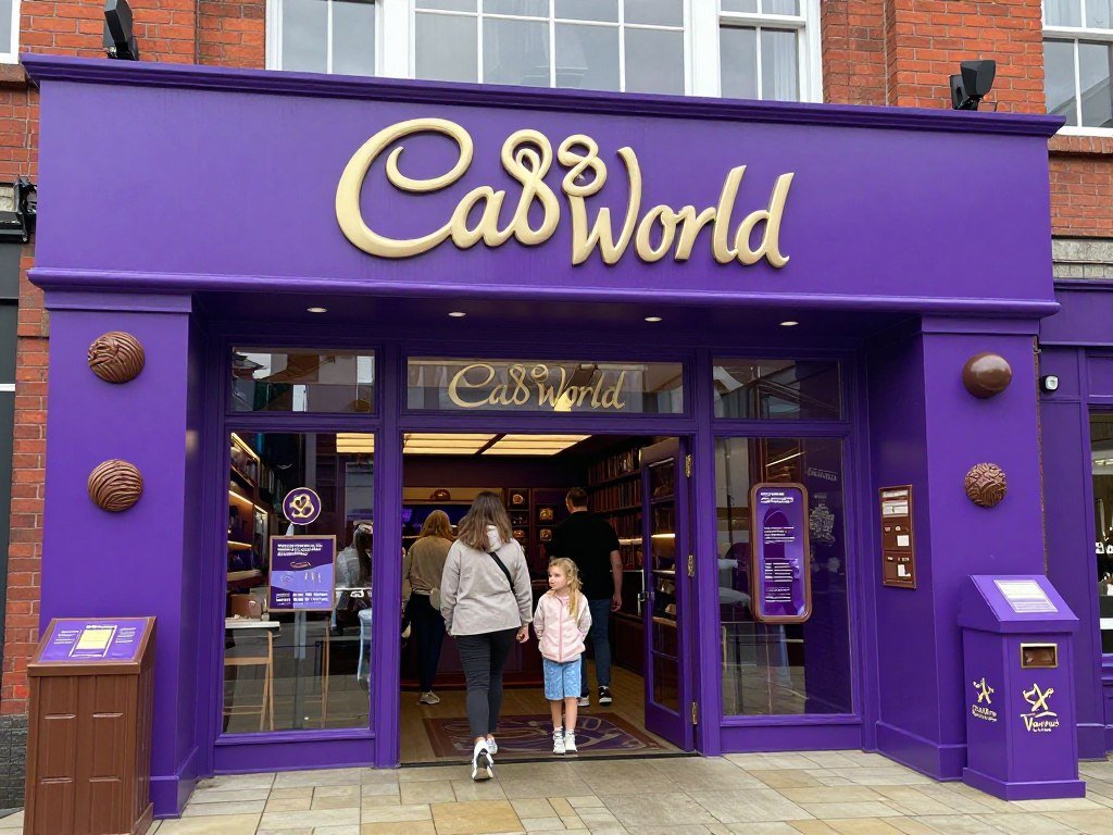 Cadbury World entrance with chocolate-themed decorations