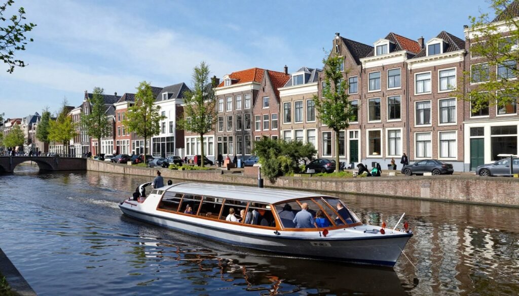 Canal cruise boat on the Spaarne River in Haarlem with historic buildings in the background