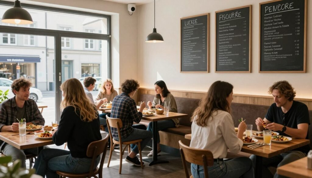 Casual bistro interior with customers enjoying lunch