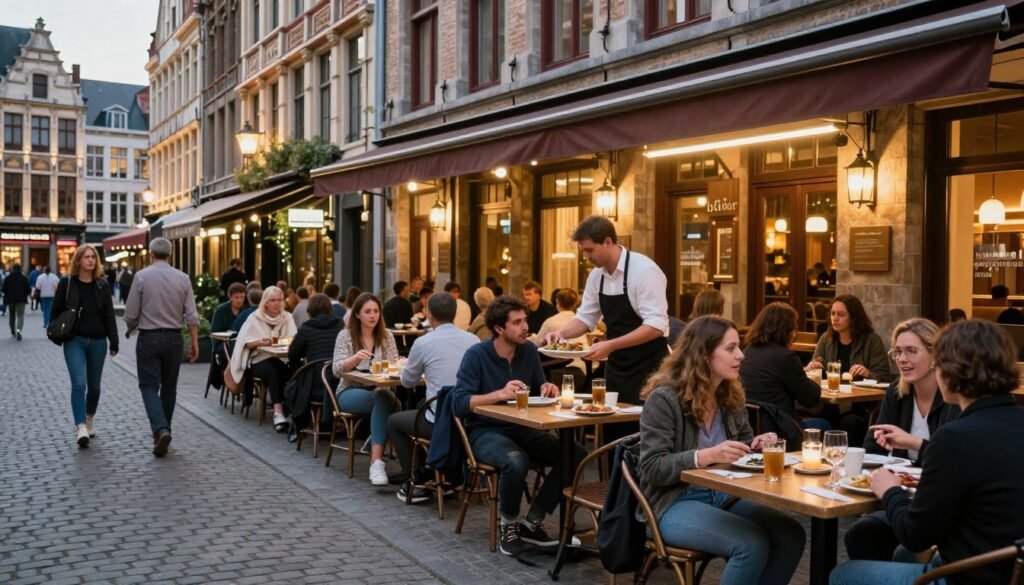 Casual dining restaurant in Antwerp with people enjoying meals at outdoor tables along a cobblestone street