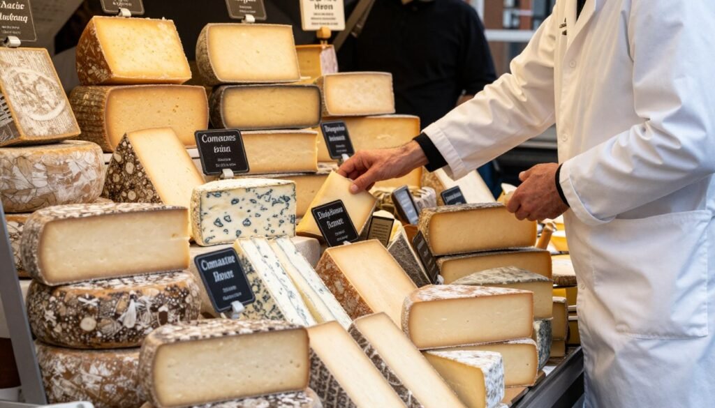 Cheese display at a Paris food market with variety of French cheeses