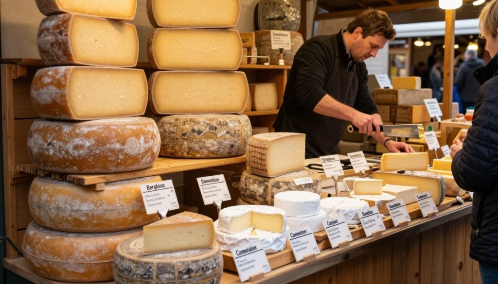 Cheese vendor with wheels of Alpine cheese