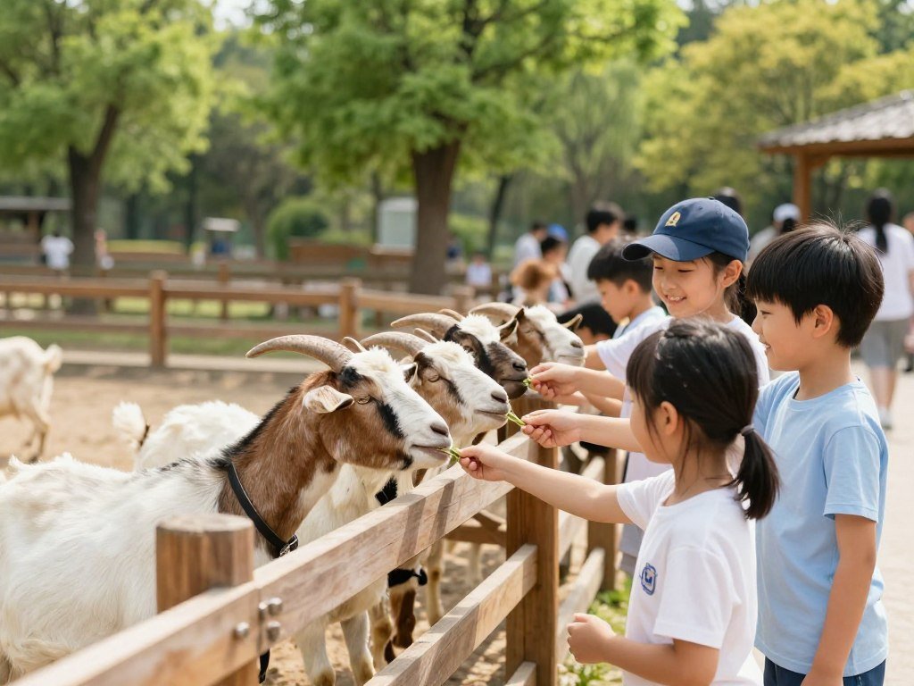 Children feeding goats at Escher Déierepark animal enclosure