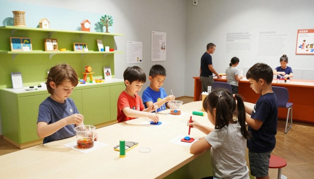 Children interacting with science exhibits in Kinderreich