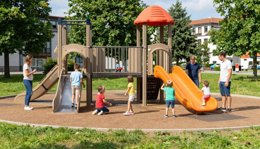 Children playing in Munich playground with parents