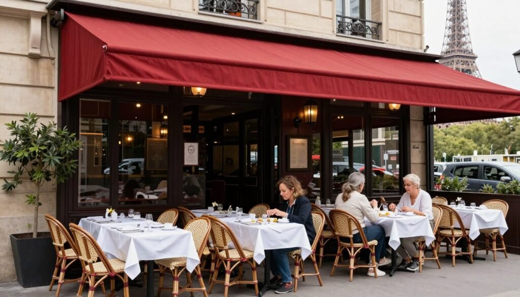 Classic Parisian bistro with outdoor seating and view of Eiffel Tower in the distance, restaurants in Paris