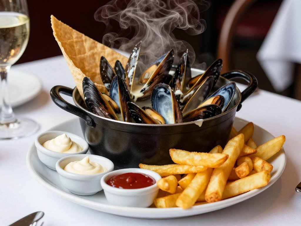 Classic moules-frites served at Brasserie Raymond in Bruges