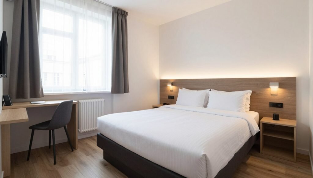 Clean modern budget hotel room in Zurich with essential amenities