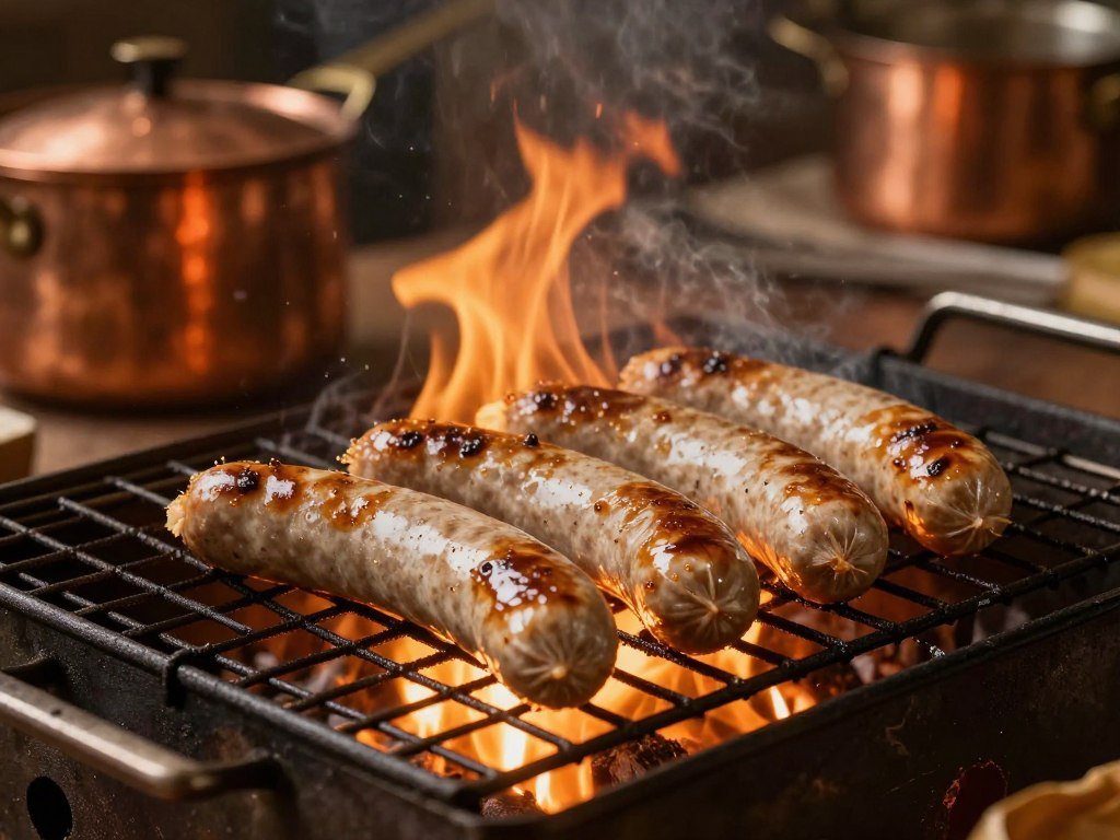 Close-up of Nuremberg bratwurst being grilled over beechwood fire