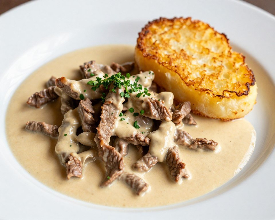 Close-up of Zürcher Geschnetzeltes with rösti on traditional plate