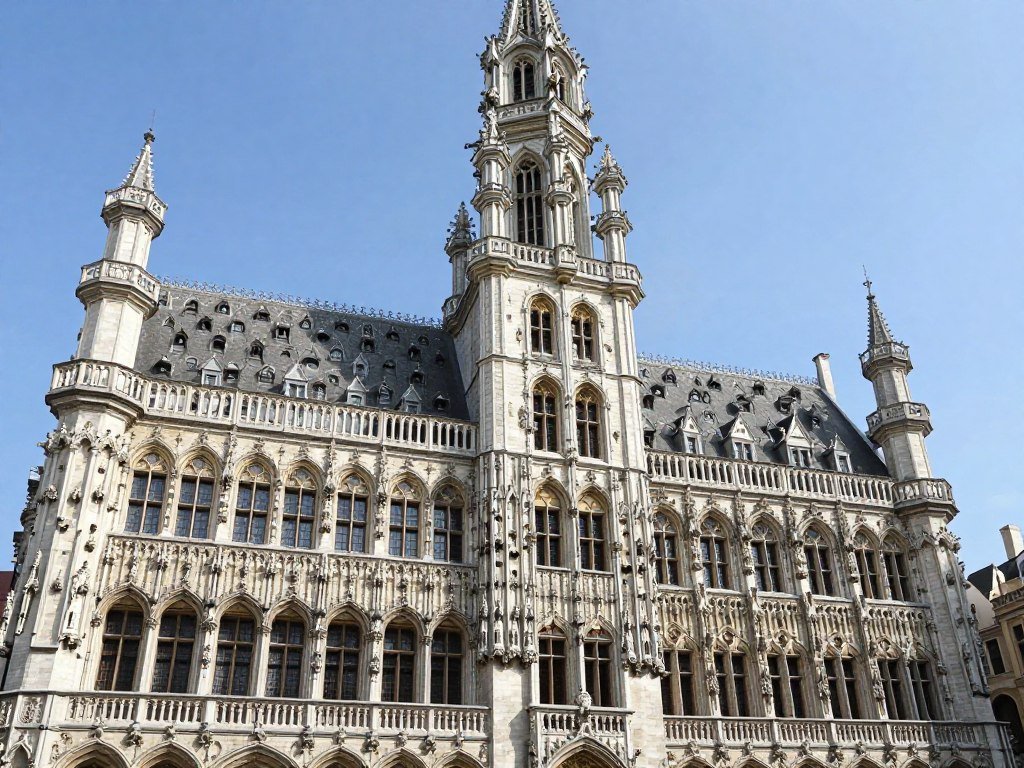 The Best Things to Do in Brussels 1 Close-up view of the ornate Gothic architecture of Brussels Town Hall in Grand Place