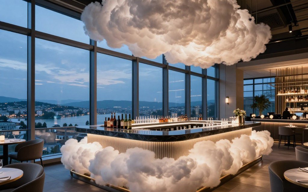 Clouds Bar interior with floor-to-ceiling windows overlooking Zurich