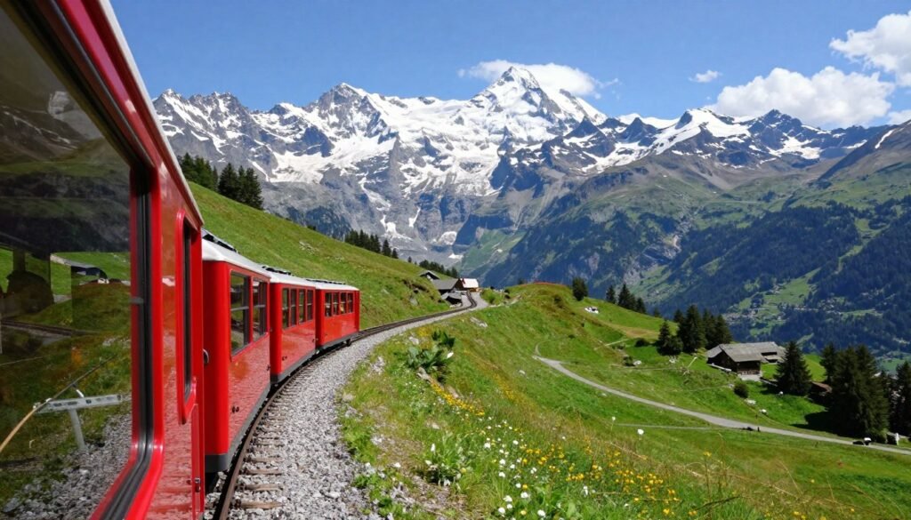 Cogwheel train climbing through Swiss Alps toward Jungfraujoch