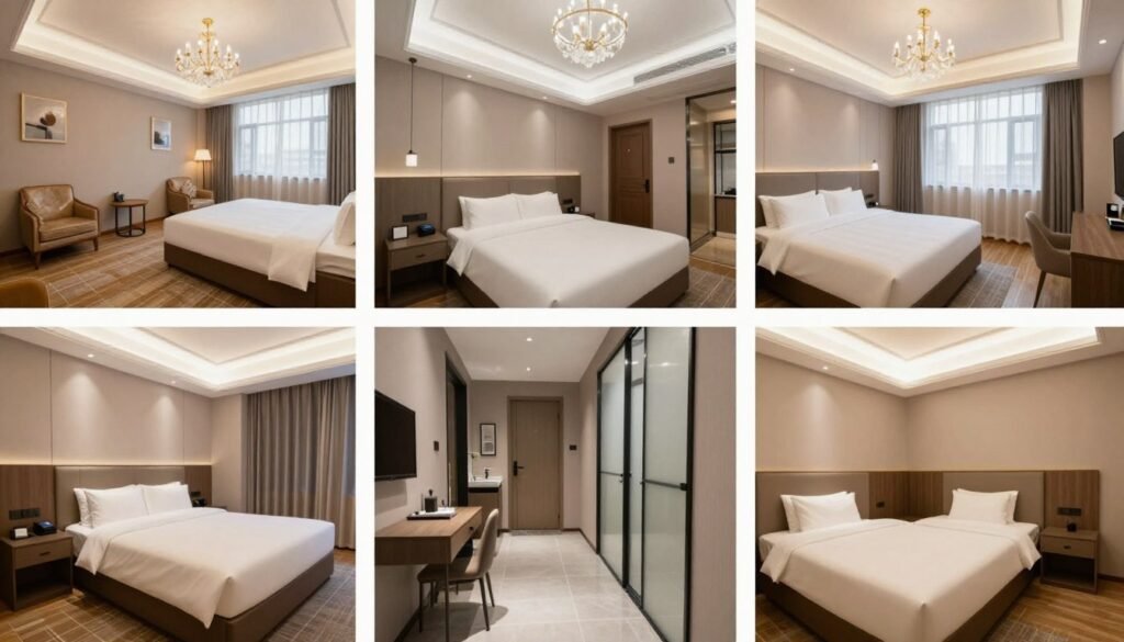 Collage showing luxury, mid-range and budget hotel rooms in Nuremberg