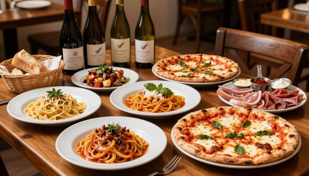 Collection of Italian restaurant dishes including pasta and pizza