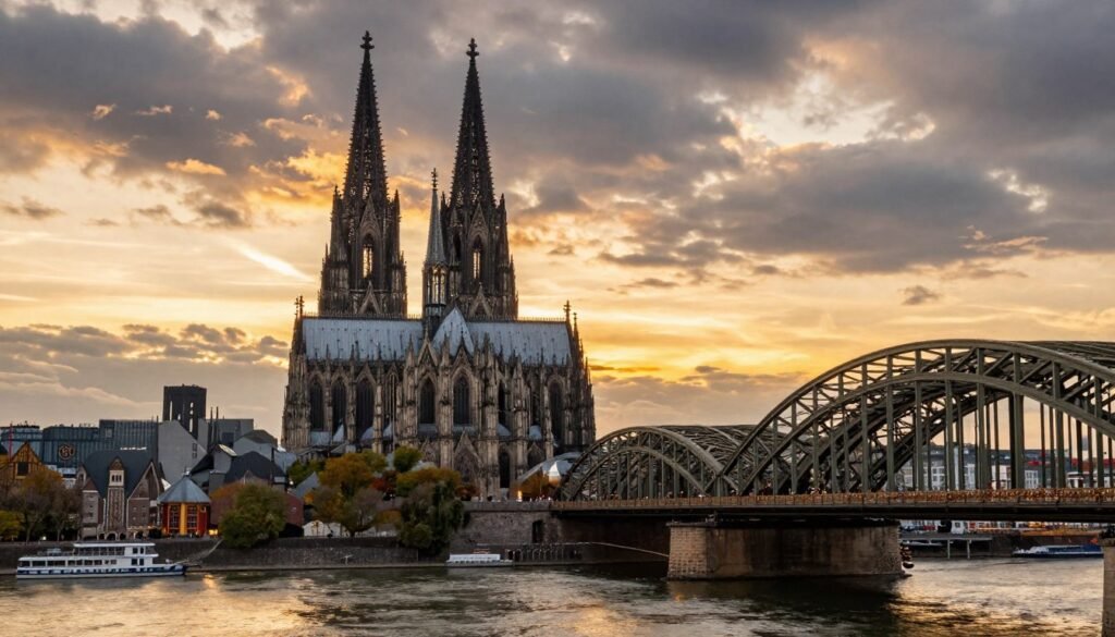 Cologne Cathedral and Hohenzollern Bridge at sunset over the Rhine River