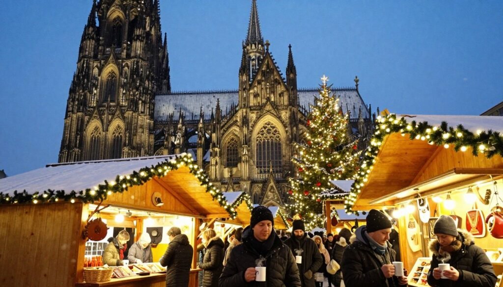 The Best Things to Do in Cologne 8 Cologne Cathedral illuminated at night with Christmas market in foreground