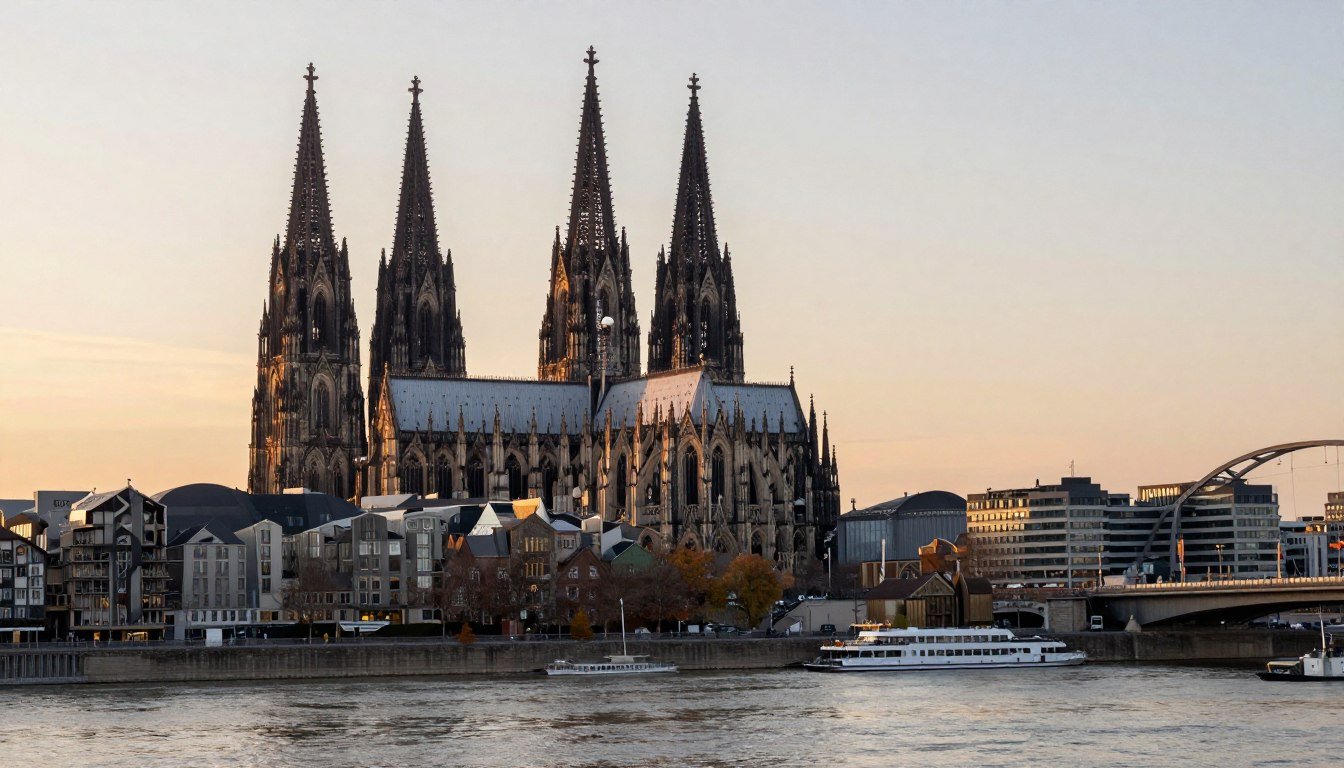 Cologne Cathedral skyline with hotels along Rhine River at sunset