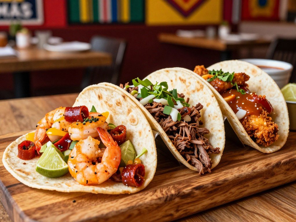 Colorful Mexican tacos at Más restaurant in Bruges
