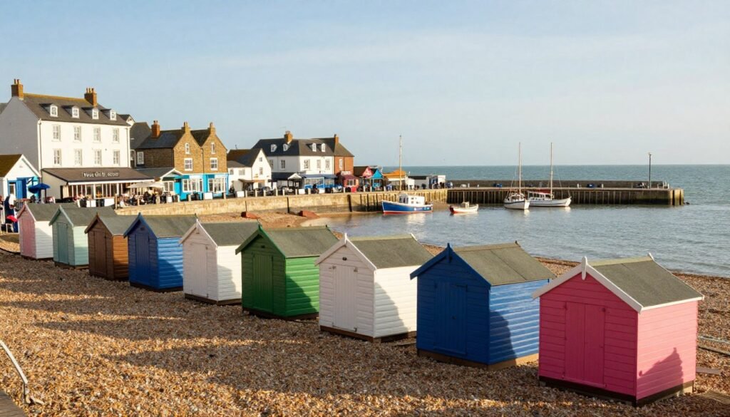 Colorful beach huts and oyster restaurants in Whitstable, a charming coastal day trip from London England