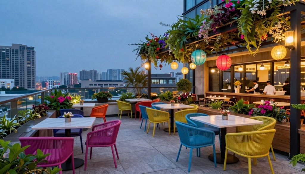 Colorful boutique hotel rooftop terrace