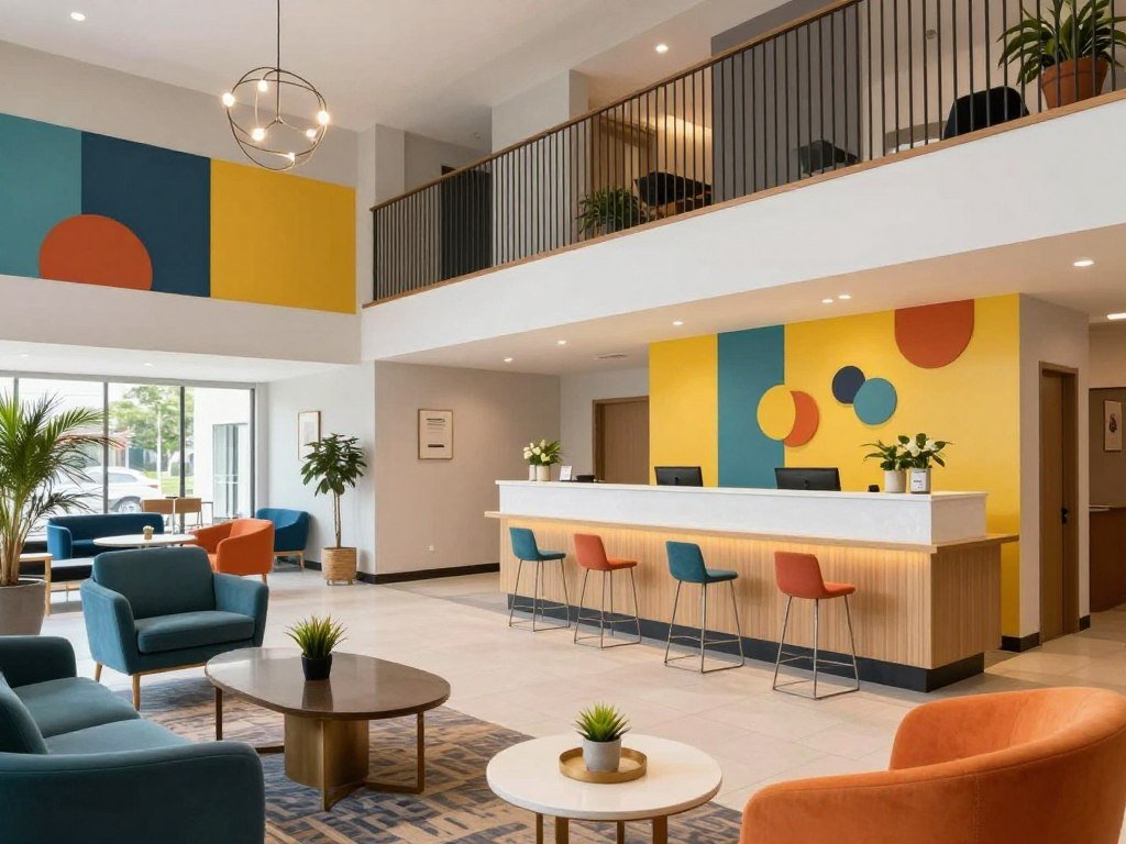 Colorful budget hotel lobby design