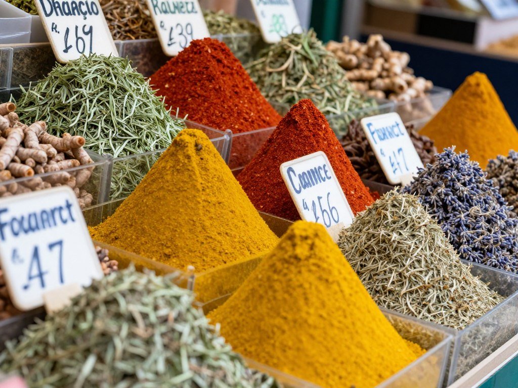 Colorful display of Provençal spices and herbs at a Nice market stall - things to do in Nice