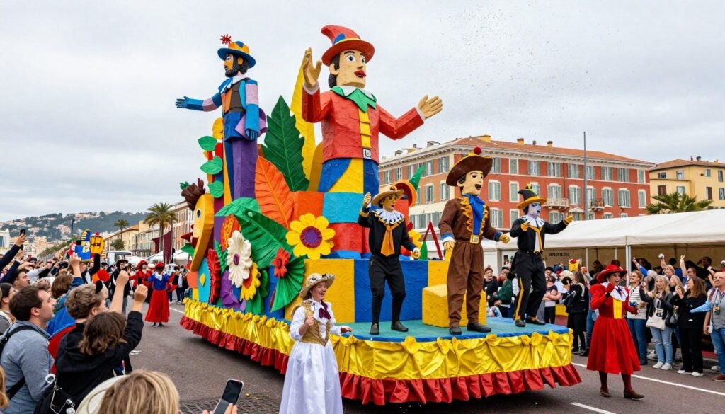 Colorful float parade during Nice Carnival with costumed performers and crowds - things to do in Nice
