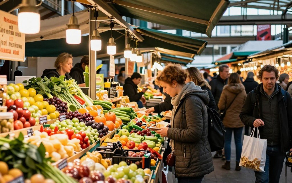 The Best Things to Do in Berlin 20 Colorful food stalls at Markthalle Neun market with vendors and customers
