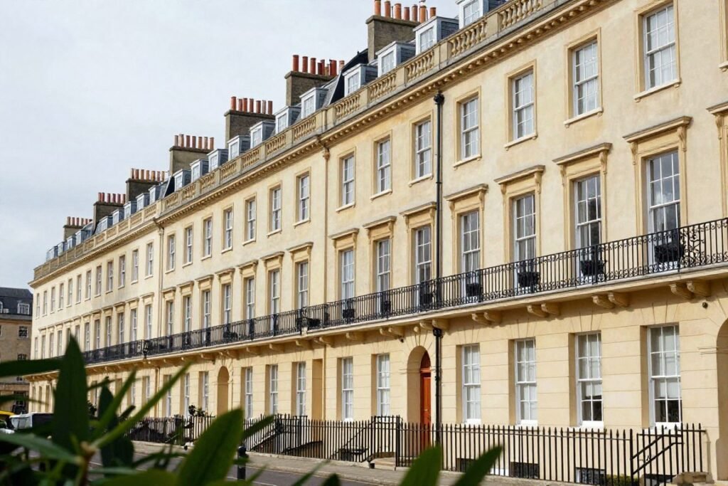 Colorful houses on Royal York Crescent in Clifton, Bristol, showcasing the city's Georgian architecture