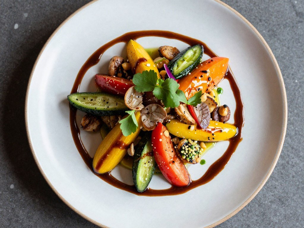 Colorful international fusion dish with Asian and European influences