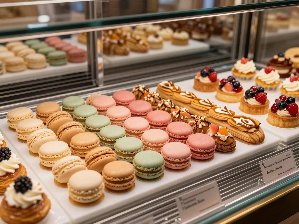 Colorful macarons and pastries at a Paris patisserie