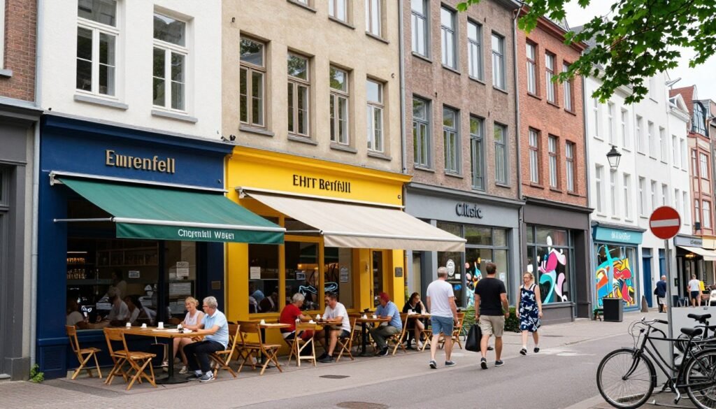 Colorful street view of Ehrenfeld neighborhood with independent restaurants and cafes