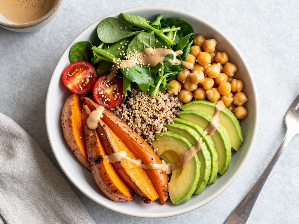 Colorful vegan Buddha bowl with fresh vegetables and plant-based protein