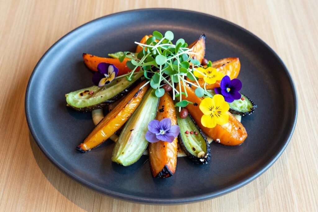 Colorful vegetarian dish at a restaurant in Haarlem Netherlands with roasted vegetables