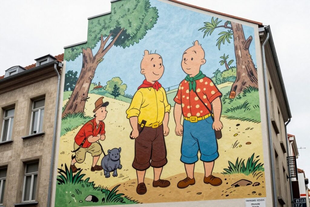 The Best Things to Do in Brussels 7 Comic strip mural of Tintin on a building facade in Brussels