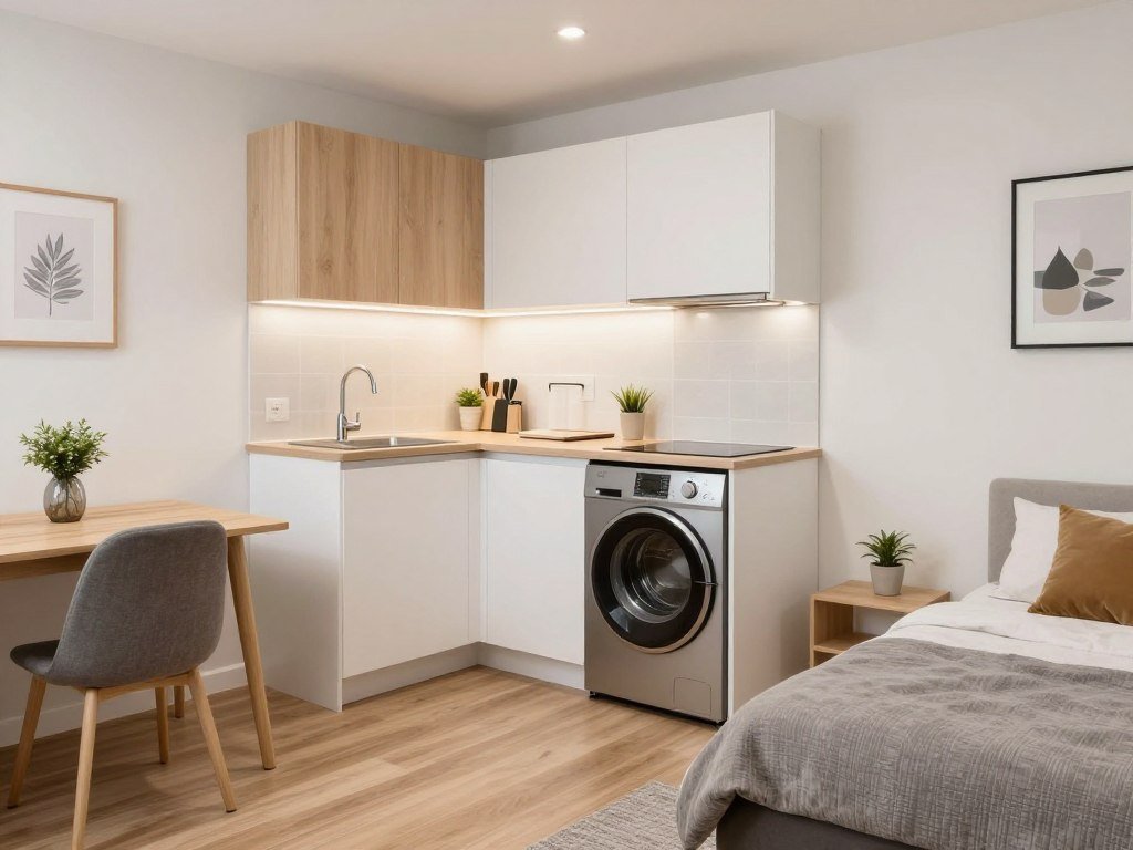 Compact studio apartment with efficient use of space and kitchenette