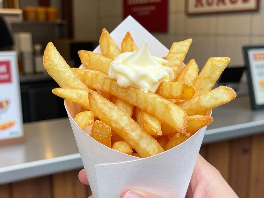 Cone of golden Belgian frites with mayonnaise being served at a traditional frituur in Antwerp