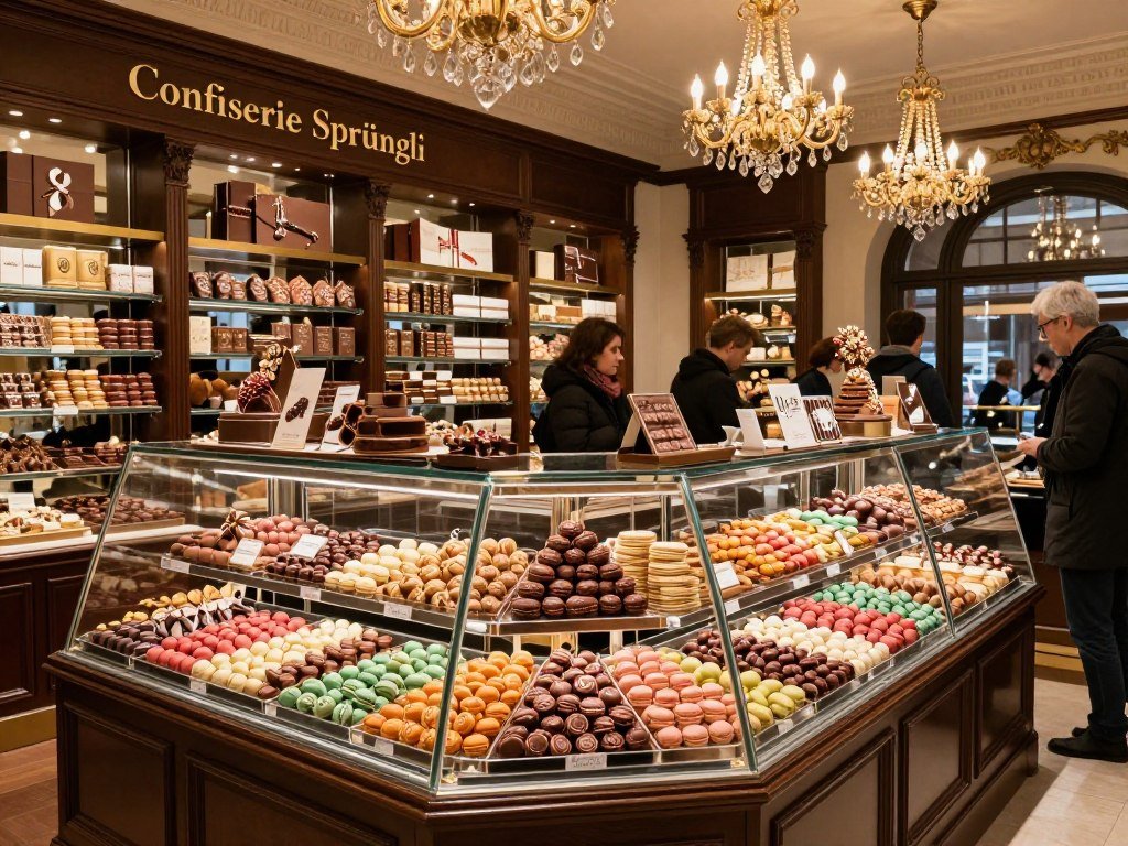 Confiserie Sprüngli shop interior with display cases of Luxembourg macarons