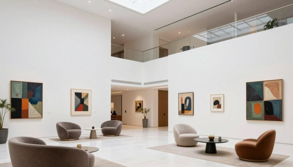 Contemporary art hotel lobby with curated exhibitions in Luxembourg